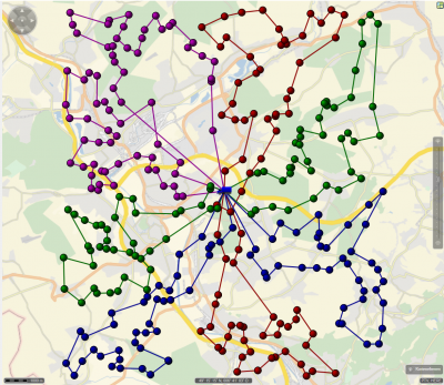 The result of the planning is based on routed distance matrices though the map connects the orders through airline. Usually this visualization is sufficient for a dispatcher and shows the sequence of the stops in the output.