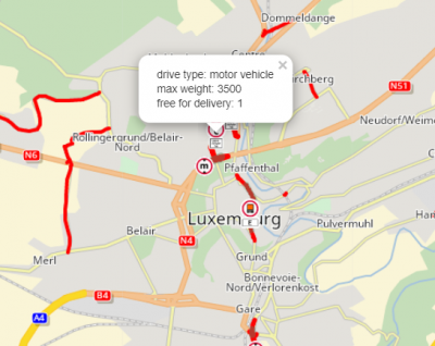 Screenshot from the showcases XServer Internet. Displays some TruckAttributes in Luxemburg, e.g. weight restriction, height restriction, hazardous goods