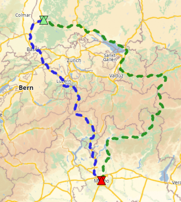Route from Karlsruhe / Germany to Milano / Italy.<br />Green: forbiddenCountries=[&quot;CH&quot;], <br />Blue: no restrictions set