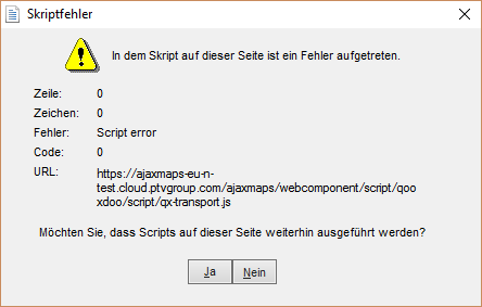 German error message that was raised in a sample application which tries to access the Ajax maps via a browser control.
