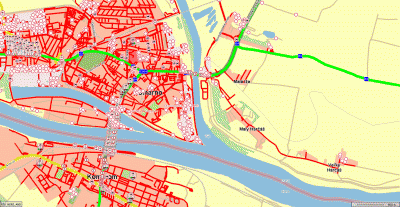 Komarno: another bottleneck. The major roads 63 and 64 reaching the city from the northeast lead to a weight restricted bridge. So if this bridge is forbidden in the routing this causes a major detour if the geometry is suboptimal.