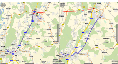 Left: initial route using the three toll sections between Bruchsal and Karlsruhe. So I identified the coordinate of the second sections start segment and defined a simple line (two identical points) to be used with an ExceptionPath.intersectingLine object<br />Right: the red ball shows the intersecting line. By setting the ExceptionPath's relMalus to 2600 the critical toll section isn't used.