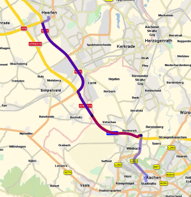Sample route from Aachen (GER) to Heerlen (NDL). The purple part is VIGNETTE in Netherlands. The red part is TOLL in Germany. The route itself is a bit longer.
