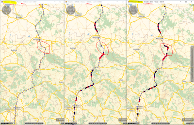 left: standard route, determined without TrafficIncidents (569km / 6h35m)<br />Middle: dynamic route performing a detour around the traffic South of Hannover (570km / 8h30m) <br />Right: standard route geometry with dynamic time: longer driving period due to jam (569km / 12h15m)<br /><br />So the path of the left and the right route are equal but the driving times differ.