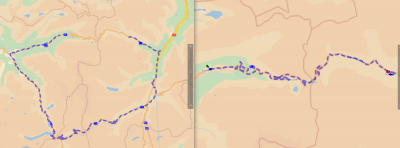 Route from Gadmen to Färningen (tomtom map). <br />LEFT: blockedInWinterMalus =0<br />RIGHT: blockedInWinterMalus=2600