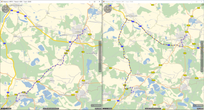 Sample routes from D-03042 Cottbus/Merzdorf to D-01968 Senftenberg/Brieske<br />LEFT - regular route - not what you want <br />RIGHT - malus of 2500 applied on the partial route from Cottbus center to Senftenberg