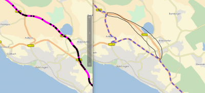Left image: input coordinates (more or less) ;-)<br />Right image: reconstructed track performing a detour