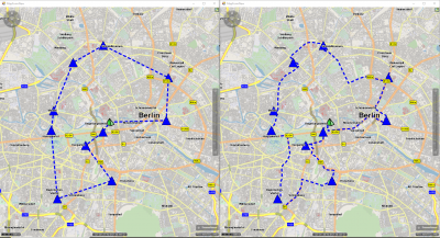 Both maps: same sequence of stops, both tour responses based on routing dima<br />Left: displayed with simple airline connection<br />Right: after polygon has been calculated via xRoute<br />Left: