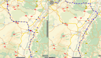 Both routes connect the German cities Saarbrücken and Freiburg.<br />Left map: route invalid because it leaves the country<br />Right map: route limited to Germany, detour