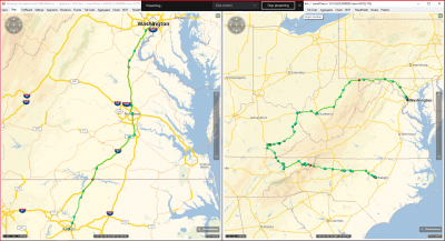 Yes we can: sample created with xServer2 (PTV cloud services):<br />Left map: Route takes direct way through the state of Virginia (418km)<br />Right map: Virginia is on the blacklist and therefore a large detour is taken (1'600km)