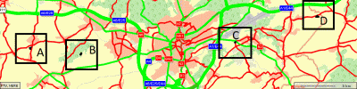 red - road belongs to minor network<br />green - road belongs to major network<br />Route through A to somewhere &quot;far away&quot;: not possible because the major network can't be reached in the scope of red.<br />Route through B to somewhere &quot;far away&quot;: not possible. Though the red scope contains red AND green roads they are not connected inside the close area.<br />Route through C to &quot;far away&quot; - possible if not ruined due to other waypoint's scope<br />Route through D to &quot;far away&quot; - possible if not ruined due to other waypoint's scope