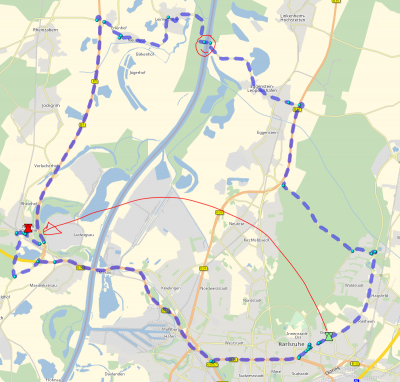 Southern track - standard route<br />Northern track : via a given ferry (CombinedTransportWaypoint)