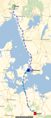 Sample route from OSLO / Norway via COPENHAGEN/Denmark to BERLIN/Germany. Three waypoints, therefore two legs.