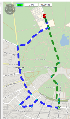 Bicycle based routing based on a traditional map provider. The green path follows the bike lanes through Karlsruhe's beautiful Schloßgarten.
