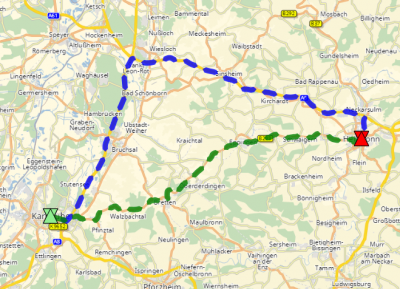 Optimal routes: green= shortest, blue= fastest (car based)