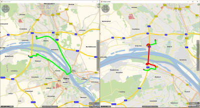The left map shows the result of the routing based on the ExceptionPath with streetname=&quot;Schiersteiner Brücke&quot; and RelMalus=&quot;2501&quot;: the bridge is avoided and the track takes a large detour.
