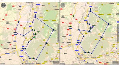 Left map: though the dima is based on &quot;Germany only&quot; the tours consider locations in France (west of Rhine). This is because the distances and routing times are estimated based on the FallBack mechanism.<br />Right map: The dima is based on &quot;Germany only&quot; and the fallback is disabled. Therefore French locations remain unscheduled.