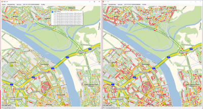 Left: PTV_SpeedPatterns<br />Right: PTV_TruckSPeedPatterns<br />Both snapshots are based on the same date and time but display different road conditions