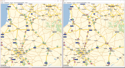 comparison of truck waiting time. Twice the same area. <br />Left map: midnight = 00:00<br />Right map: noon = 12:00
