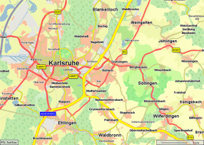Request uses profile xmap-greenzones.properties which refers to greenzones.ini. The greenzones of Karlsruhe (small region within the city) and the neighbour city of Söllingen (area arounf the city) are highlighted.