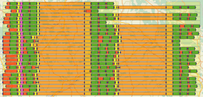 Gantt chart with break- and rest rules. Therefore you can see additional breaks (e.g. yellow: 45 mins somewhere between 11:00 and 13:00). Furthermore the end of the tour is GREEN which shows a half open tour (ends at customer)