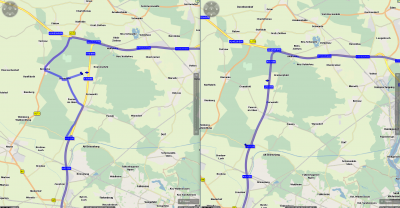 both routes have same fuzzy waypoint coordinates. <br />LEFT: radius = 100m<br />RIGHT: radius = 10'000m