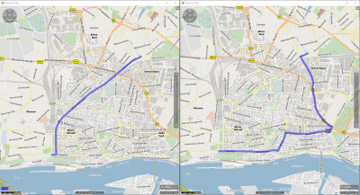 Section of the Max-Brauer-Allee in Hamburg. <br />Left image shows the track driven by a truck without considering the ban. The distance is 2050 meters, the carbondioxide output is about 1,725 (based on HBEFA 3.1, total track length, standard truck)<br />The track on the right side performs a detour (ExceptionPath based on streetname) which produces 2,763 carbondioxyde (plus 60%) over a track length of 4470m (distance plus 120%).