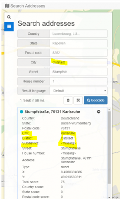 We are now able to locate a street based on the district or subdistrict and you will also see these attributes in the response addresses properties
