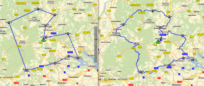 Both tours are generated on the basis of routing data. So the quality of the tours is equal.<br /><br />LEFT: the sequence of the stops is linked via simple airline. This is often helpful to understand the visit sequence from a dispatchers POV. <br /><br />RIGHT: the sequence is the same as with the left usecase but the partial driving sections are routed and displayed on a street detail level. This is helpful if the sequence itself isn't sufficient but the user also requires to understand the track of a tour.