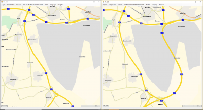 Comparison of HERE maps in the region of GARZWEILER<br />Left: 2018.2H<br />Right: 2019.1H